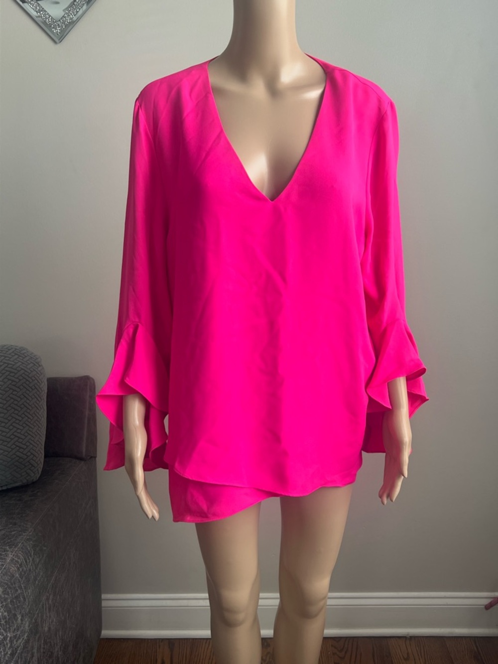 Vince Camuto V-Neck Ruffle Sleeve Blouse - Hot Pink